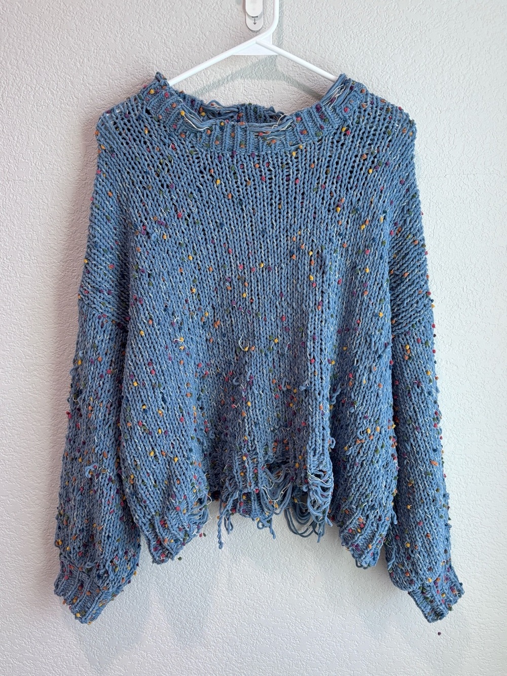 POL Distressed Rainbow Confetti Chunky Knit Sweater Blue Women’s Size Large